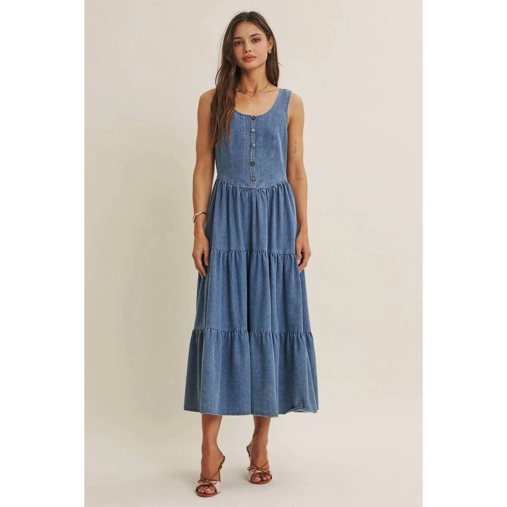 NEW IN FEBRUARY summer roadtrip sustainable denim tiered midi dress in blue